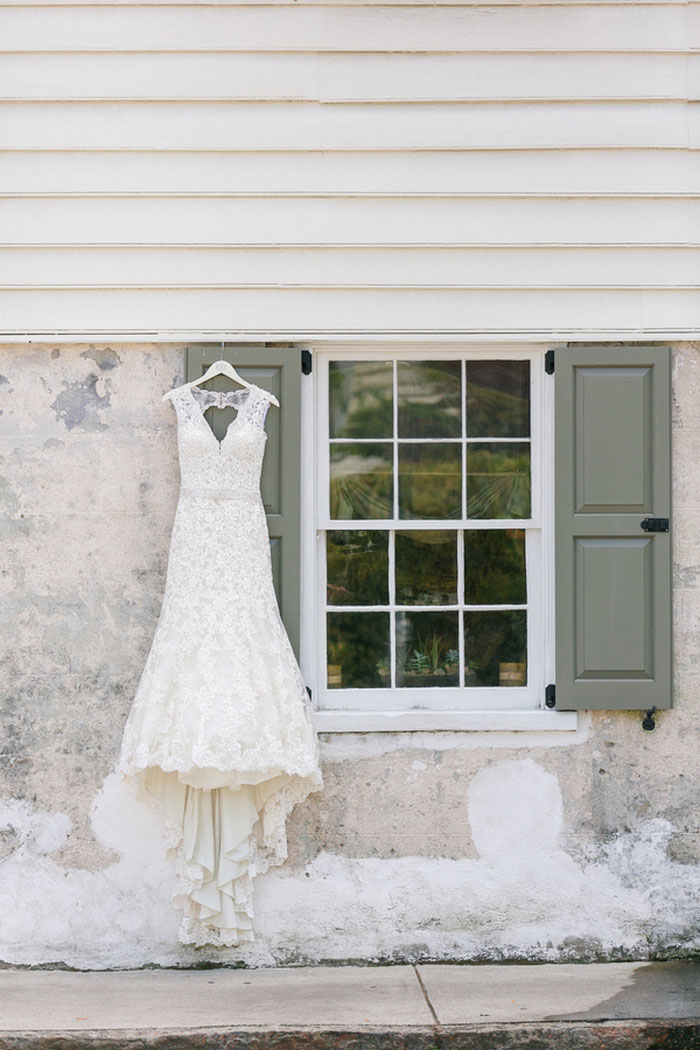 wedding dress hanging up