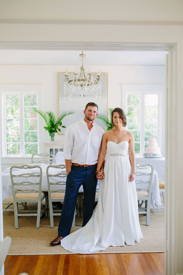 bride and groom portrait in dining room