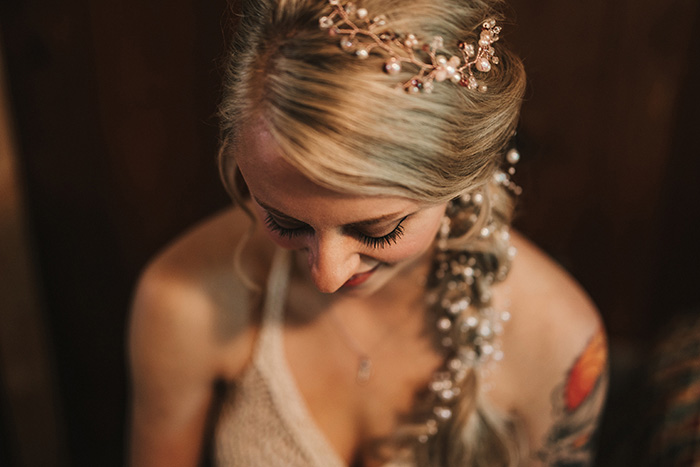 pearls in bride's hair