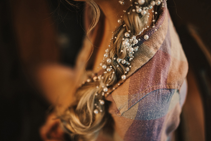 pearls in bride's hair