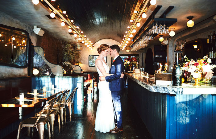 bride and groom portrait in restaurant