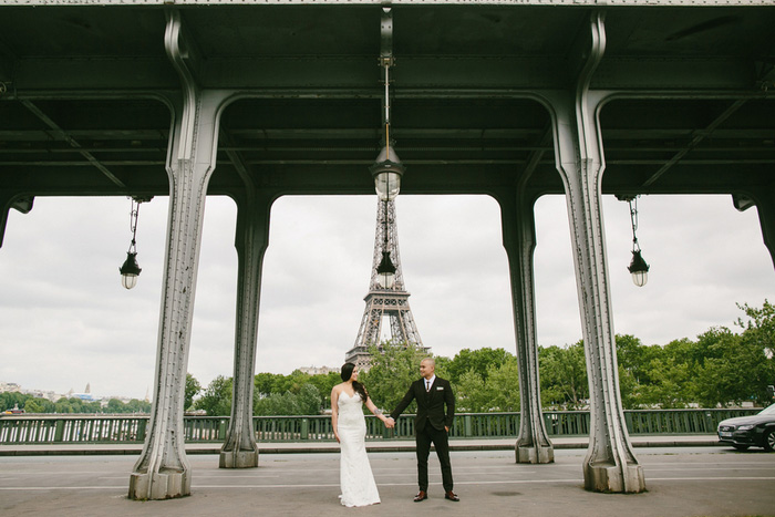 bride and groom portrait in front of Eiffel Tower