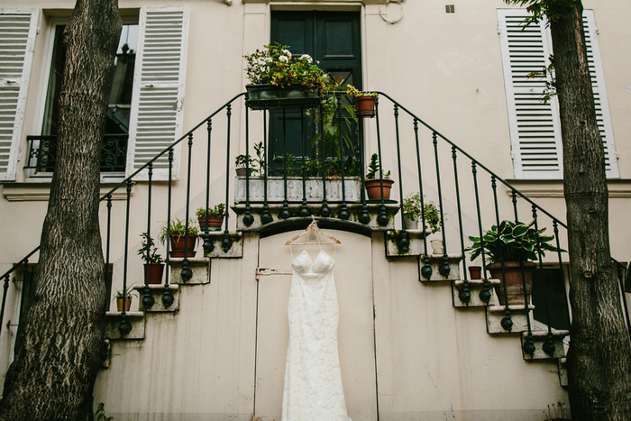 wedding dress hanging up outside