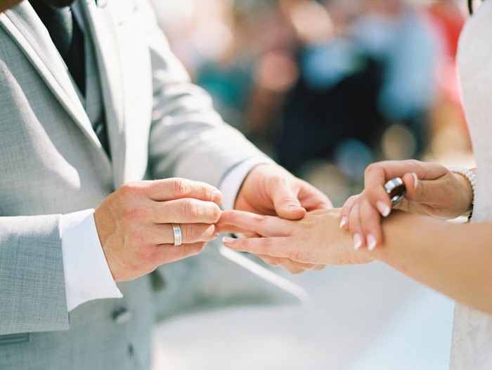 groom putting ring on bride's finger