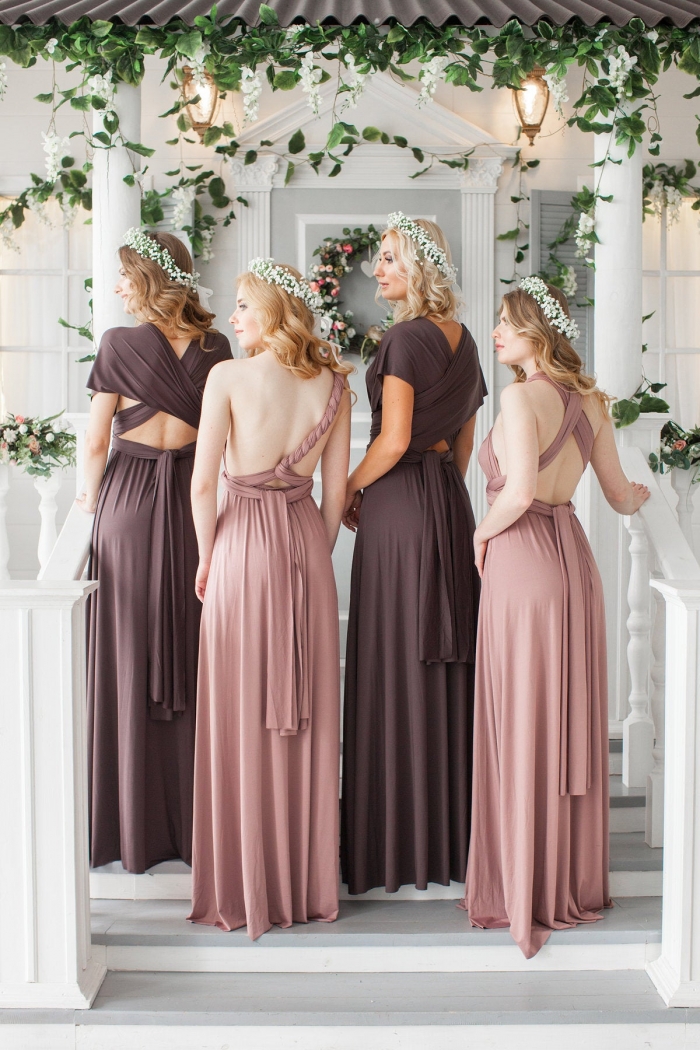 burgundy off the shoulder bridesmaid dress